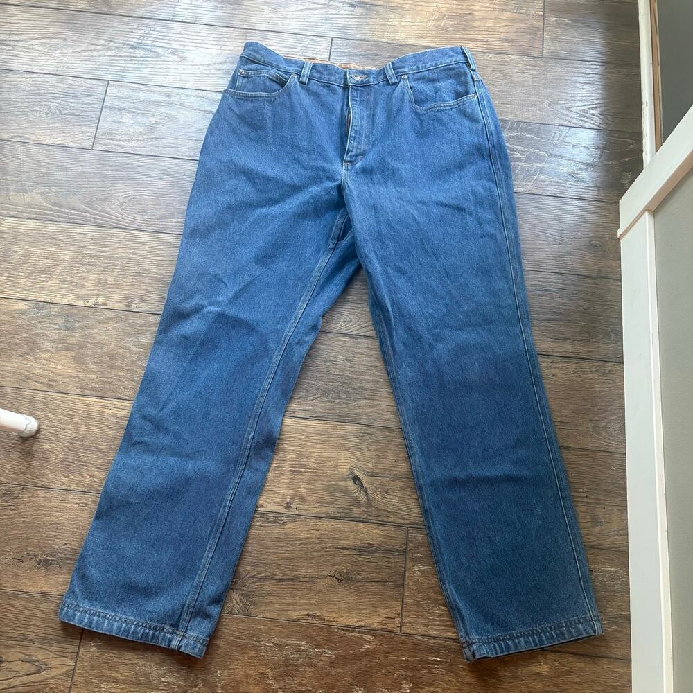 Duluth Trading Co Mens Work Jeans Tan Canvas Interior Edged Size 38 x 32